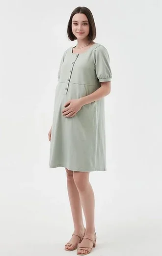 Buttoned Square Neck Maternity & Nursing Short Sleeve Dress
