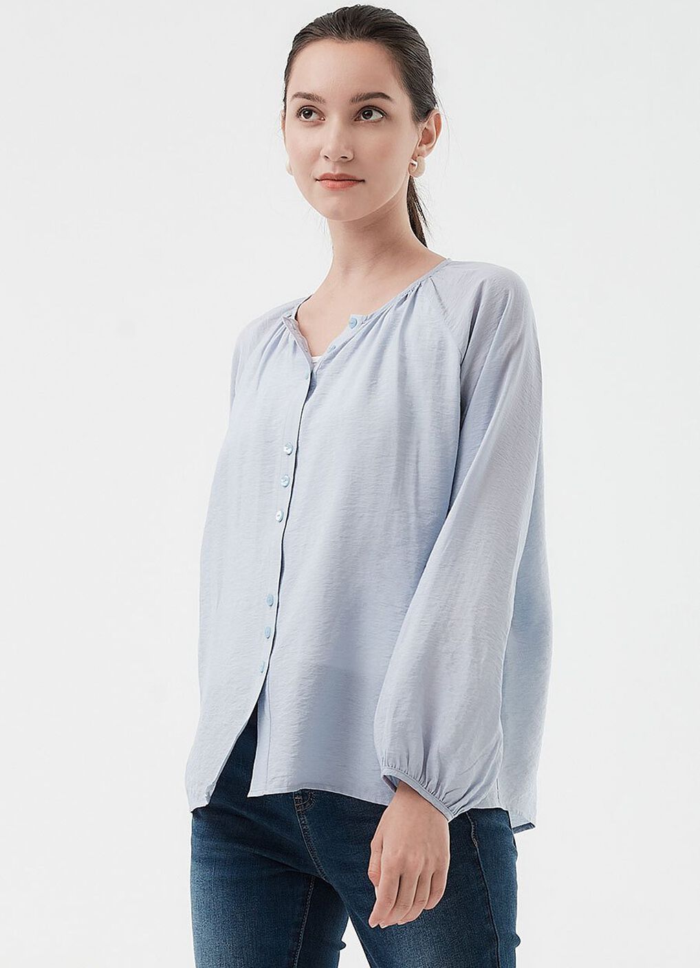 Pleated Round Neck Long Sleeve Maternity & Nursing Blouse, , hi-res image number 0