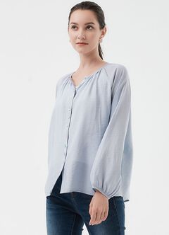 Pleated Round Neck Long Sleeve Maternity & Nursing Blouse, , hi-res
