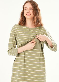 Striped Maternity & Nursing Pyjama Dress, Olive, hi-res