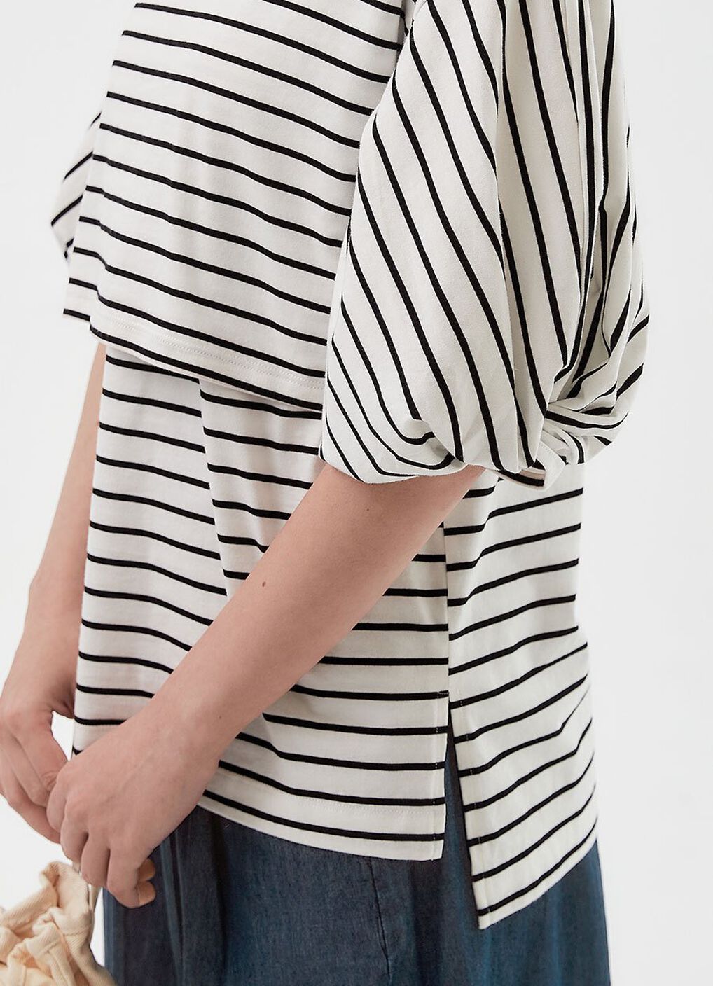 Striped Puff Sleeve Maternity & Nursing Top, White, hi-res image number 0