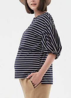 Striped Puff Sleeve Maternity & Nursing Top, , hi-res