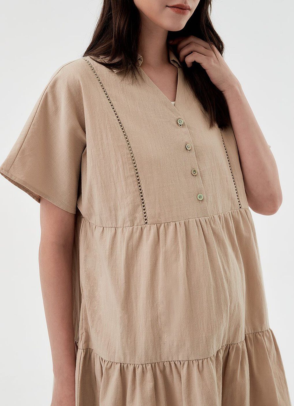 Cotton Maternity & Nursing Short Sleeve Tiered Dress, Khaki, hi-res image number 2