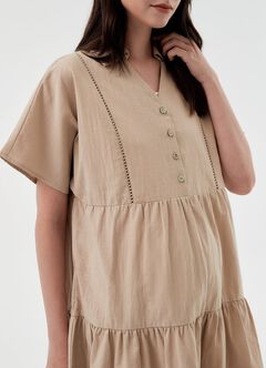 Cotton Maternity & Nursing Short Sleeve Tiered Dress, Khaki, hi-res