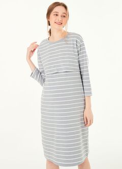 Striped Maternity & Nursing Pyjama Dress, Blue Grey, hi-res