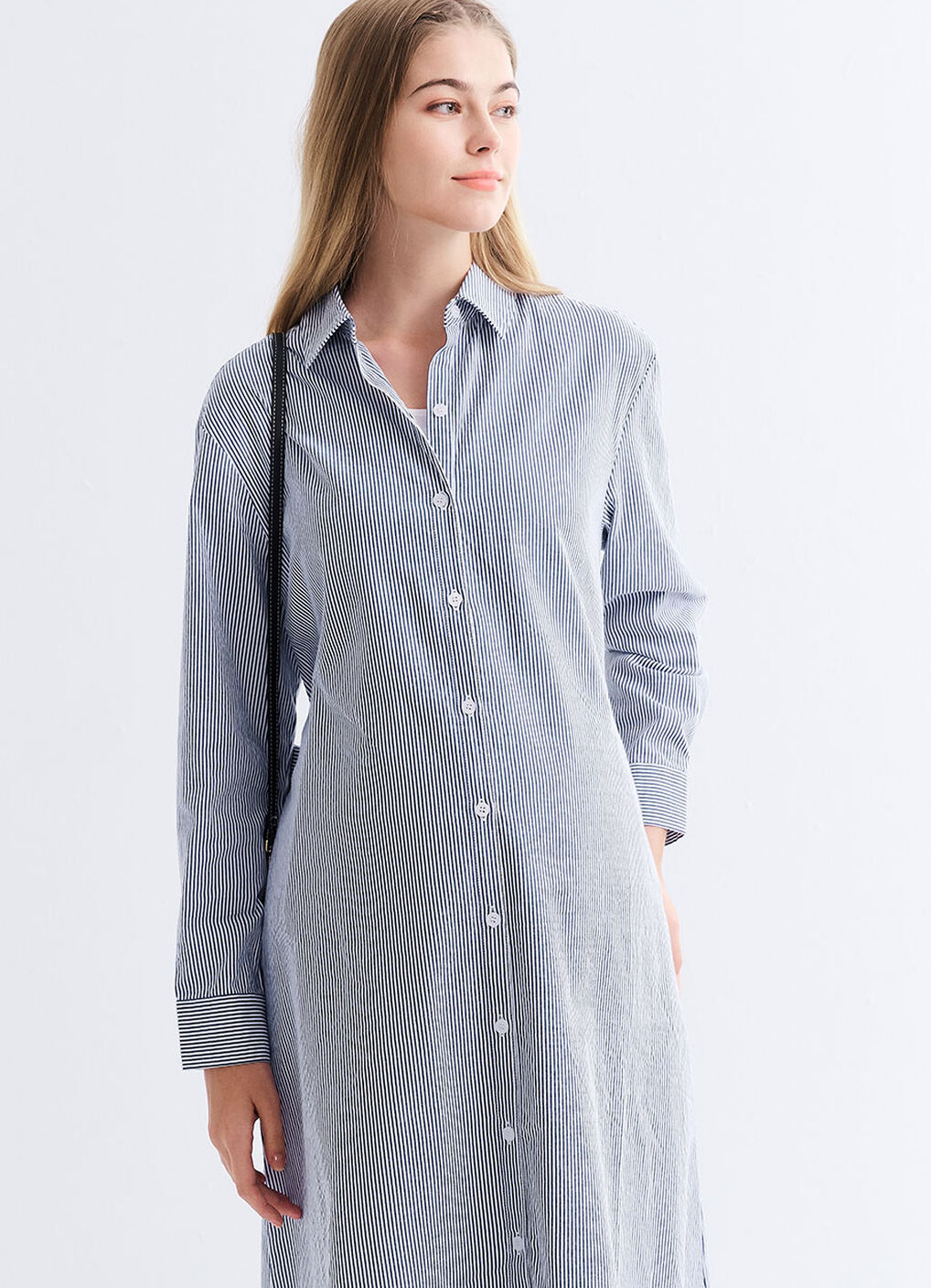 Striped Belted Maternity & Nursing Shirt Dress, Blue, hi-res image number 1