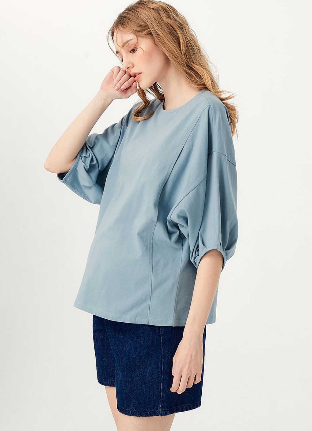 Lantern Sleeves Cotton M&N Top, Blue Grey, hi-res image number 3