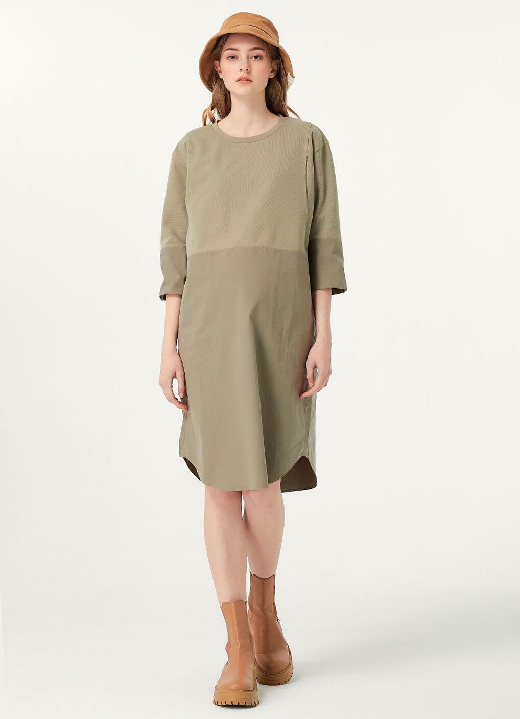 Round Neck Patchwork M&N Dress, Sage Green, hi-res image number 5