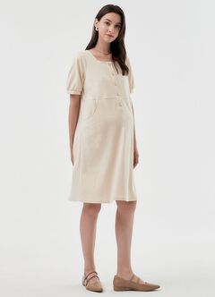 Buttoned Square Neck Maternity & Nursing Short Sleeve Dress, Cream, hi-res