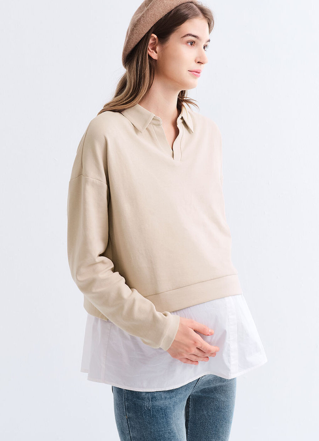 Skipper Collar 2 in 1 Maternity & Nursing Layered Jumper, Cream, hi-res image number 3