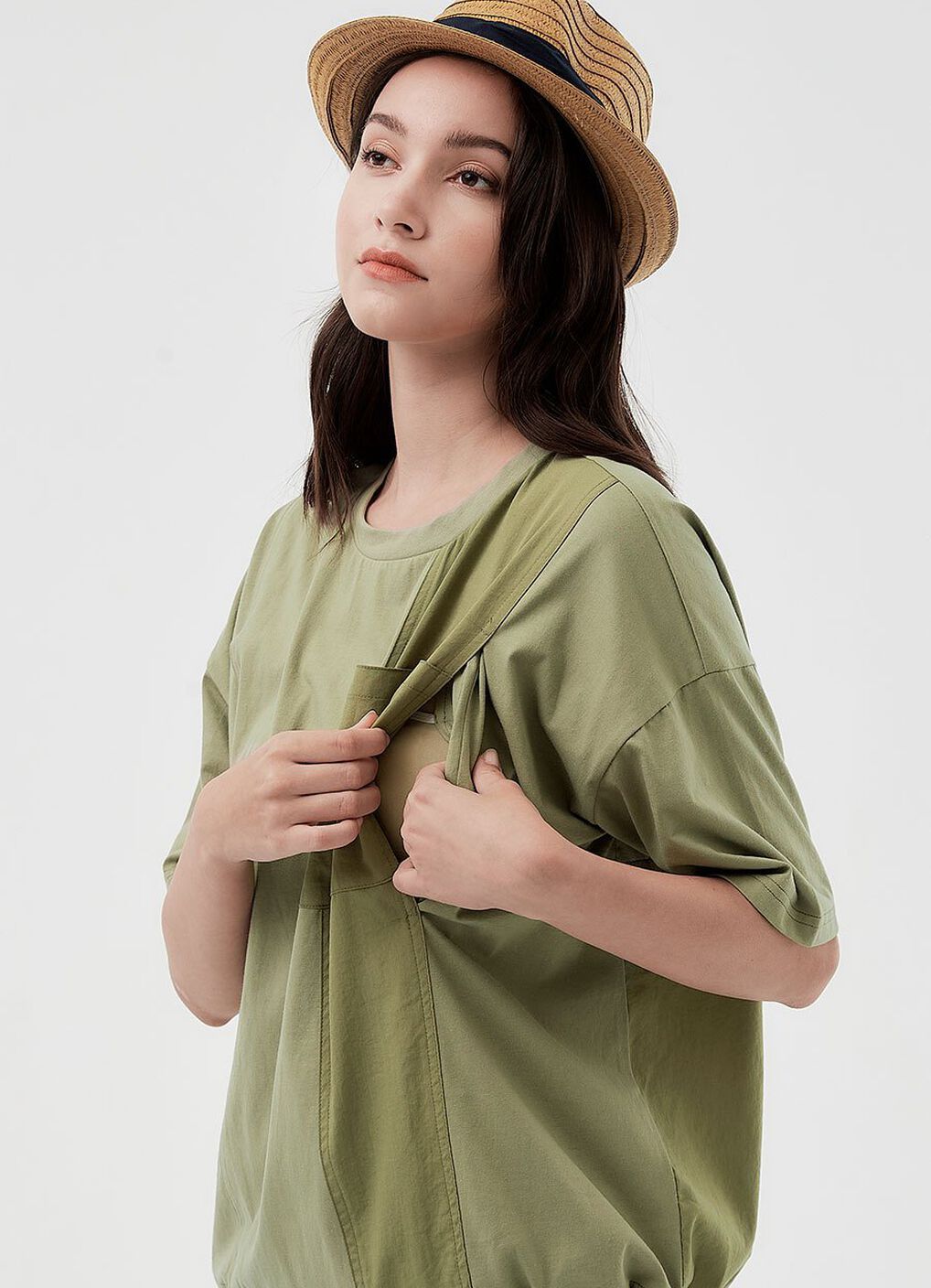 Blend Short Sleeve Maternity & Nursing Top, Olive, hi-res image number 1