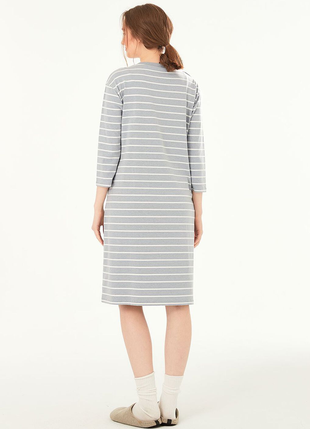 Striped Maternity & Nursing Pyjama Dress, Blue Grey, hi-res image number 3