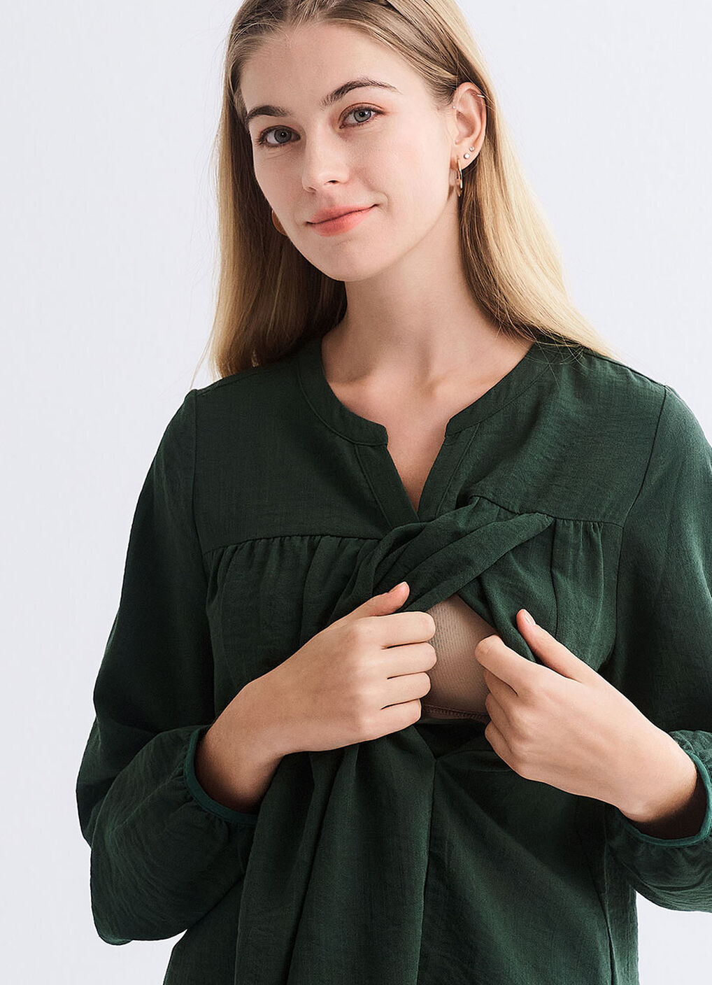 Pleated V-Neck Maternity & Nursing Top, Dark Green, hi-res image number 4