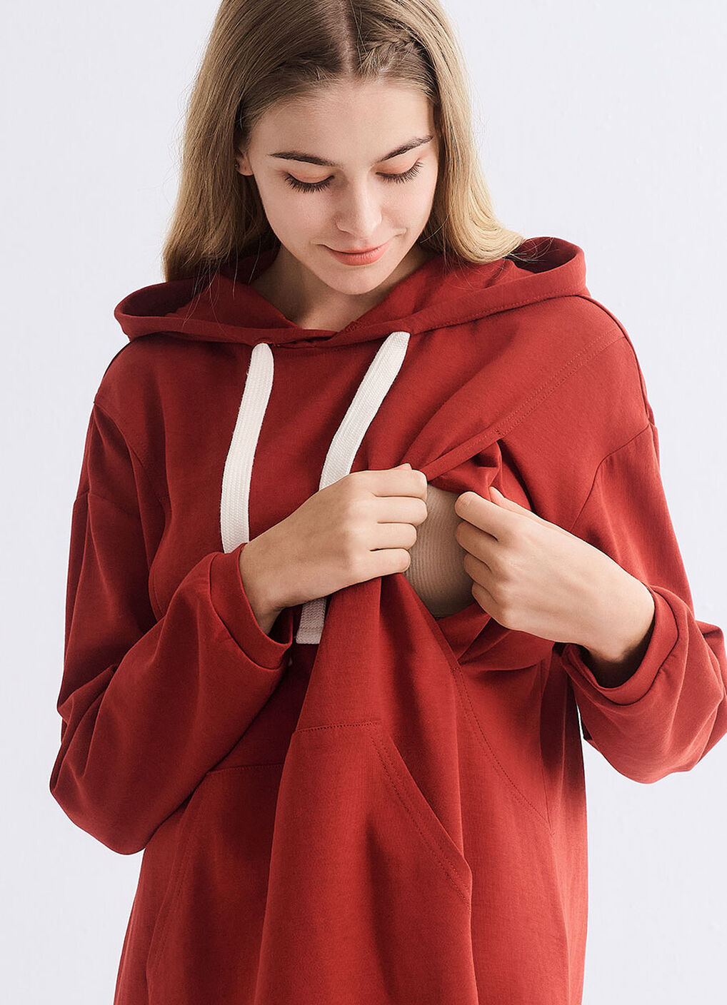 Relaxed Cotton Maternity & Nursing Hoodie Dress, Brick, hi-res image number 1