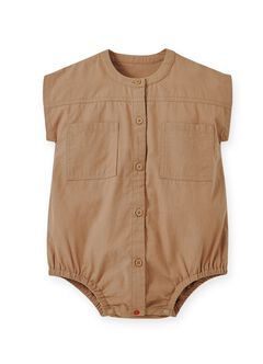 Button Down Baby Short Sleeve Romper, Camel, hi-res