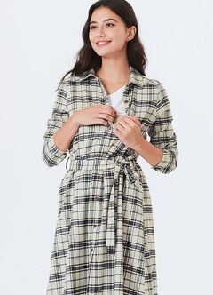 Classic Plaid Maternity & Nursing Shirt Dress, Cream, hi-res