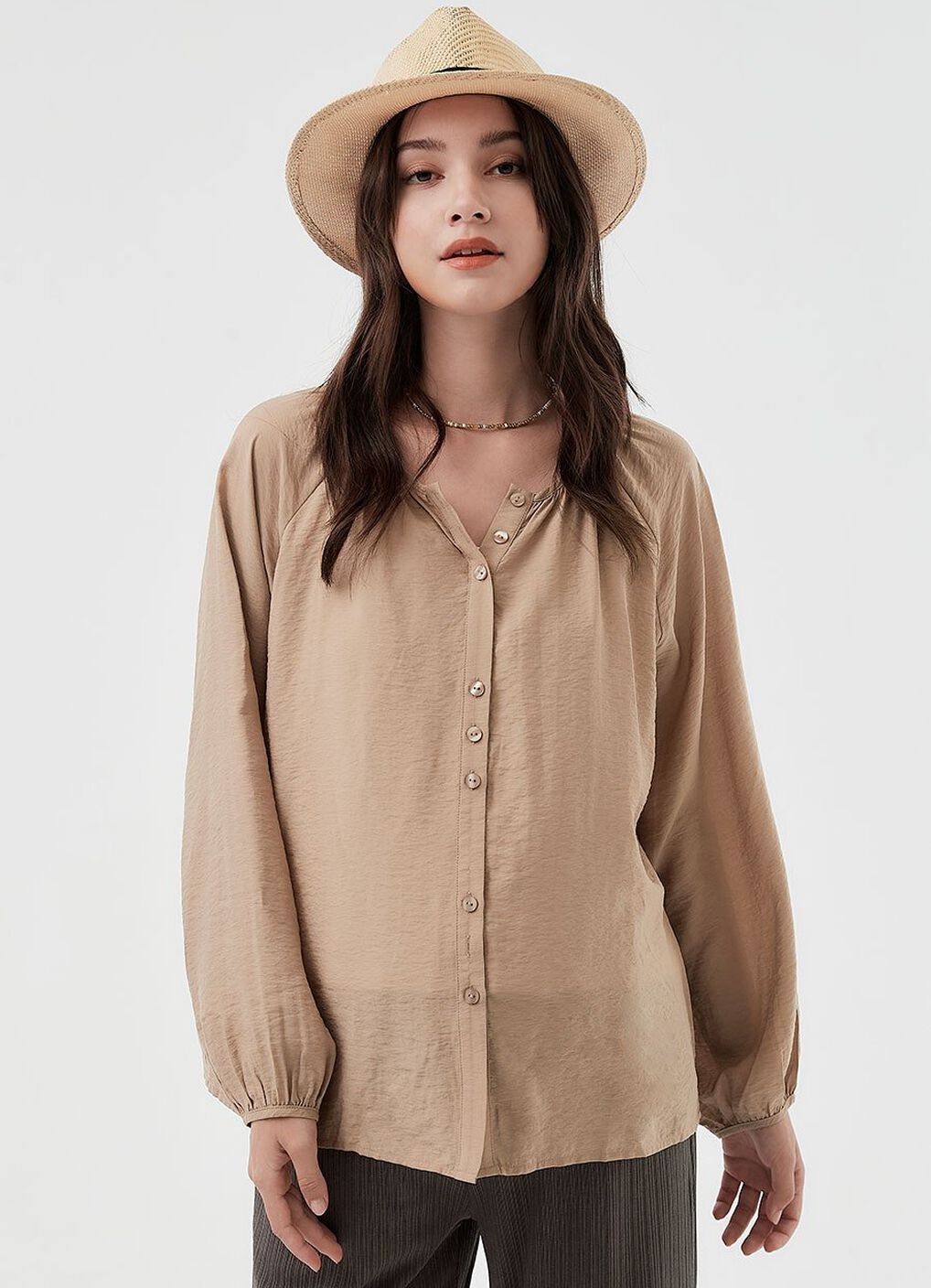 Pleated Round Neck Long Sleeve Maternity & Nursing Blouse, Khaki, hi-res image number 2