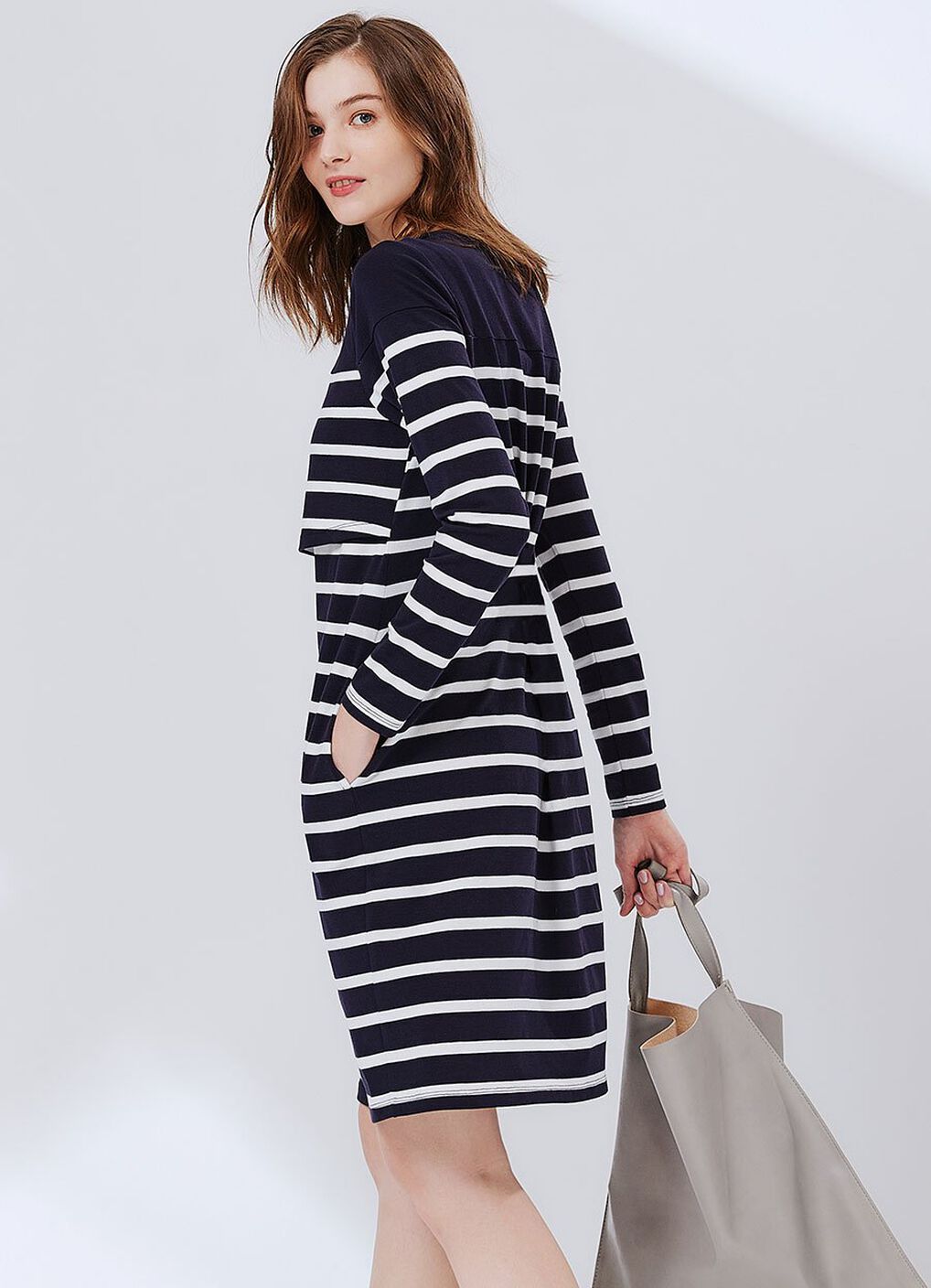 Striped Maternity & Nursing Dress, Navy, hi-res image number 1
