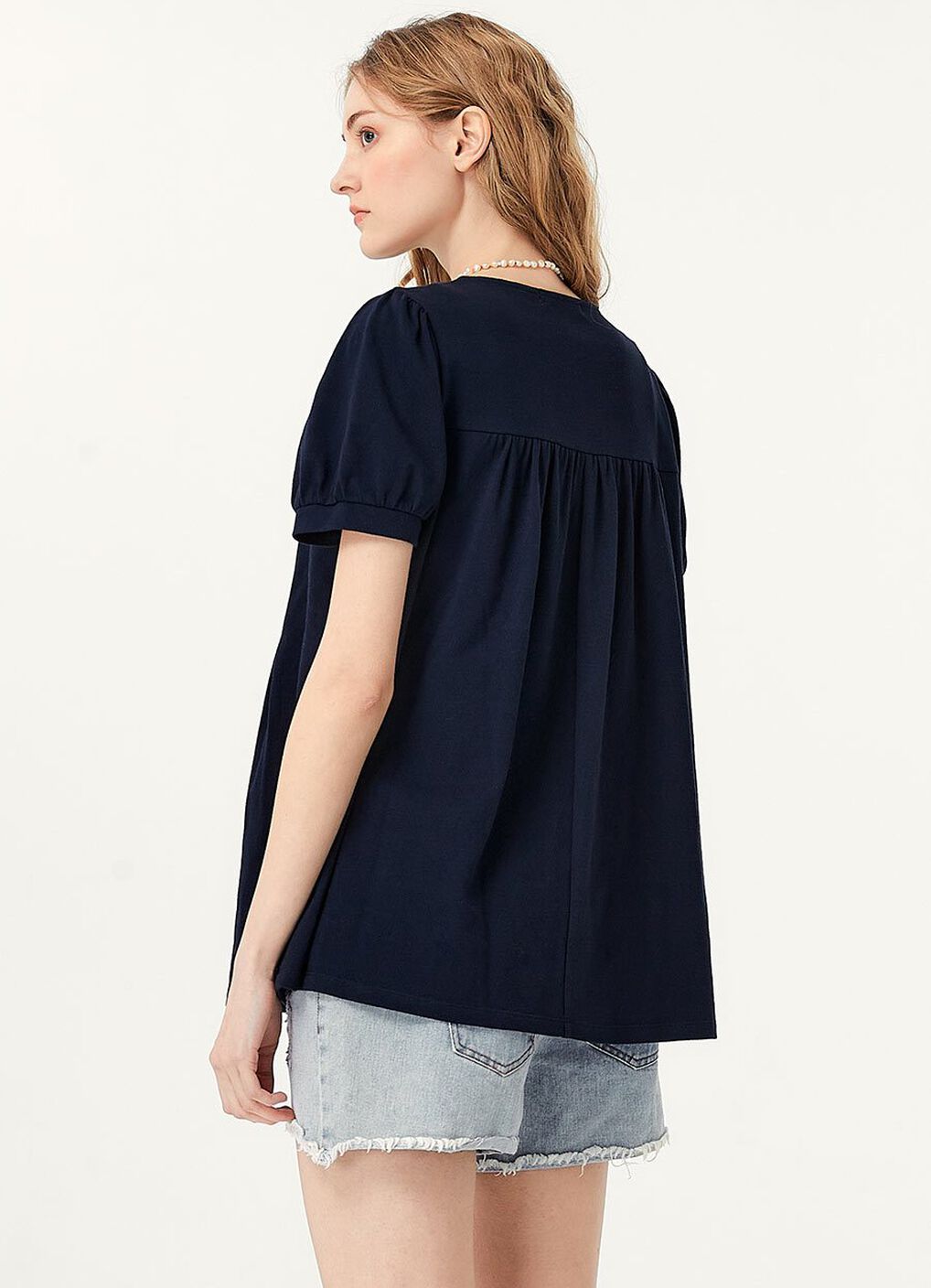 Puff Sleeves Button Down Maternity & Nursing Top, Navy, hi-res image number 4