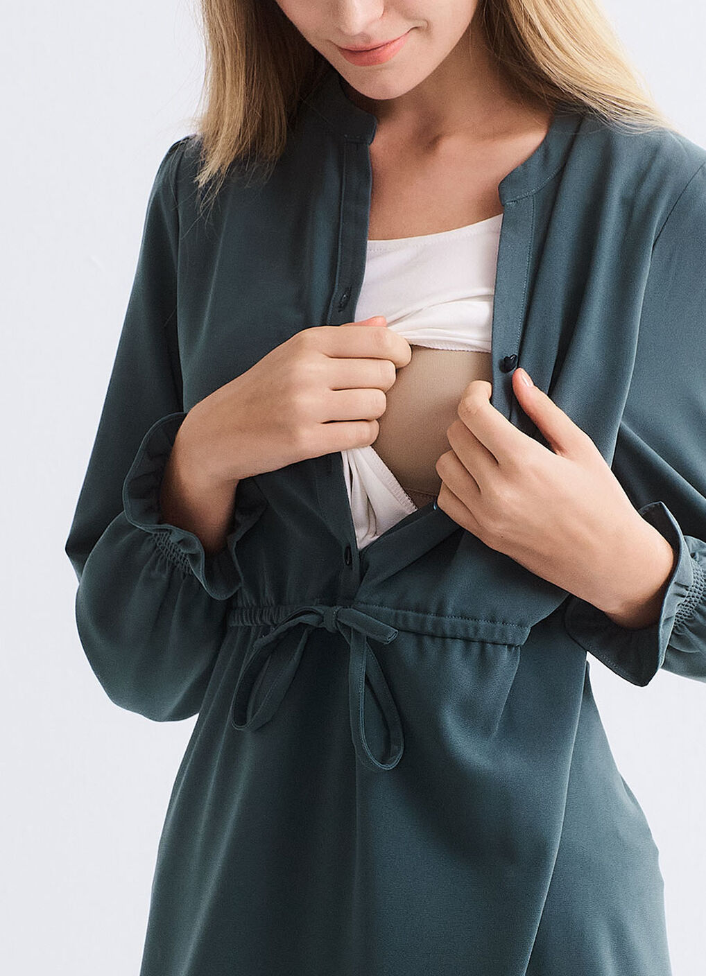 Half Placket Maternity & Nursing Dress, Teal, hi-res image number 1