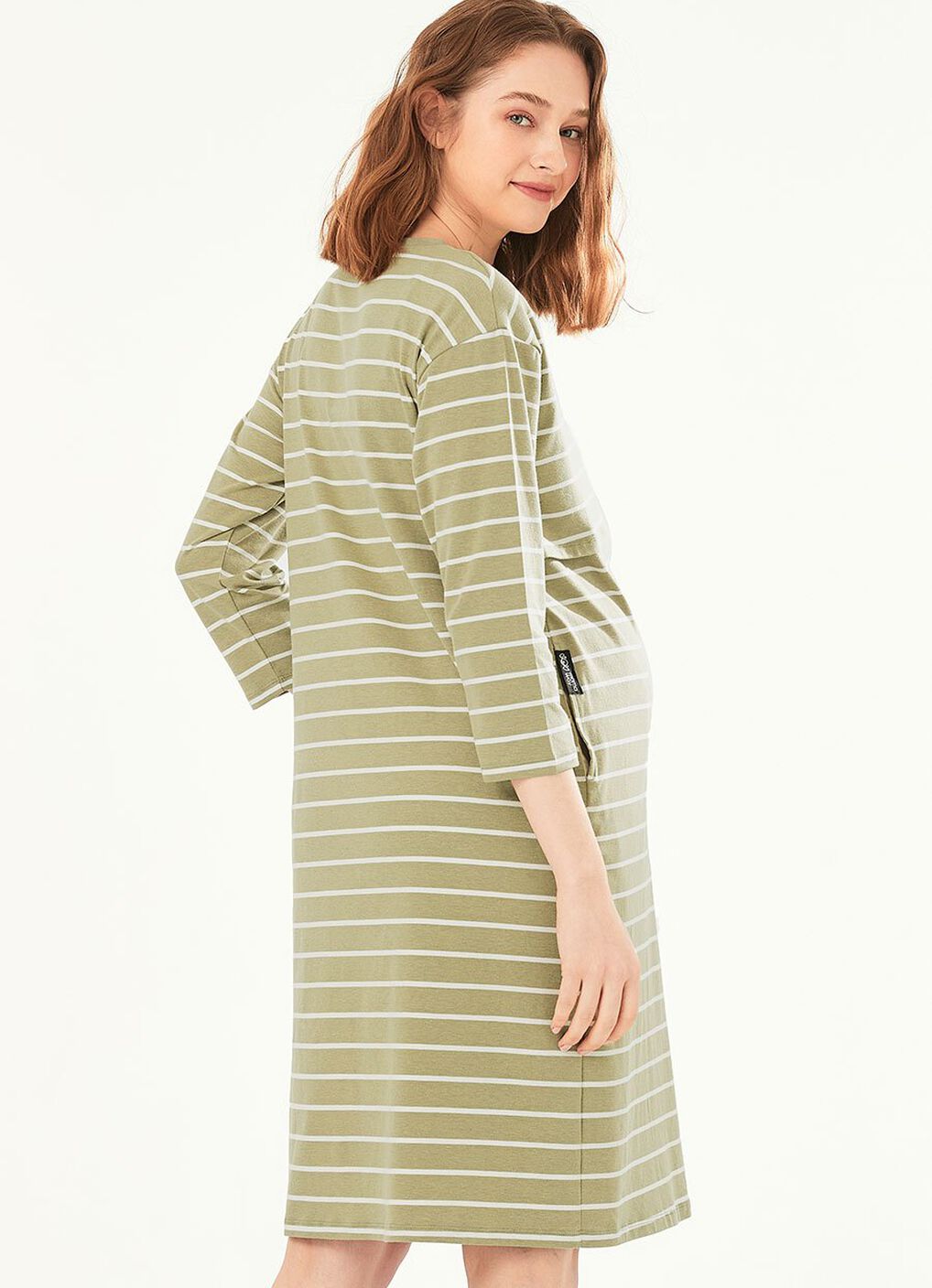 Striped Maternity & Nursing Pyjama Dress, Olive, hi-res image number 4