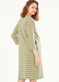 Striped Maternity & Nursing Pyjama Dress, Olive, hi-res