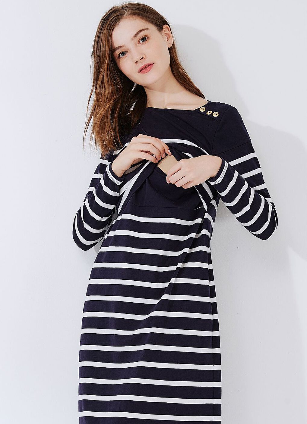 Striped Maternity & Nursing Dress, Navy, hi-res image number 3