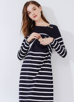 Striped Maternity & Nursing Dress, Navy, hi-res