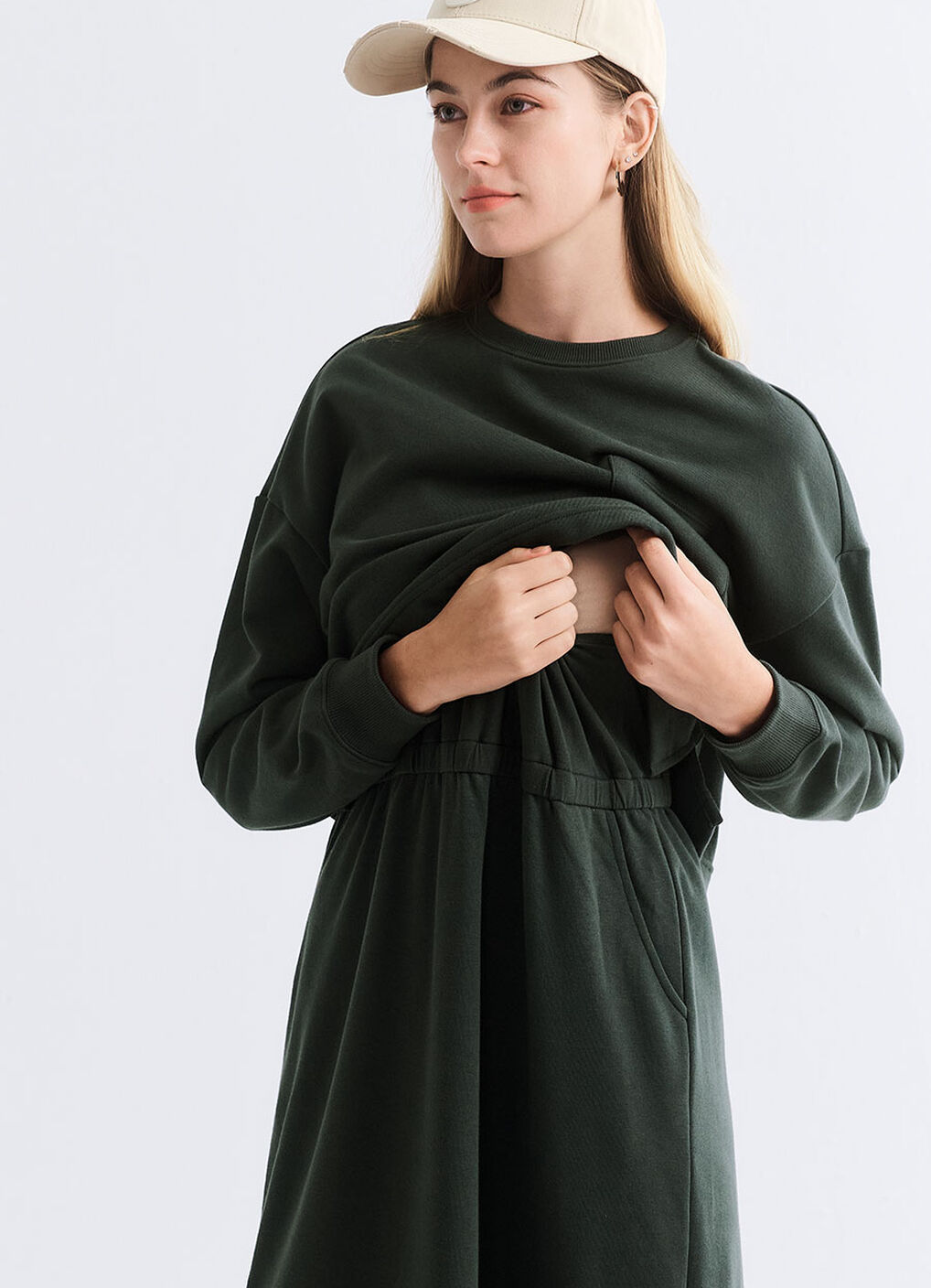 Back Slit Maternity & Nursing Two-Piece Dress, Dark Green, hi-res image number 1