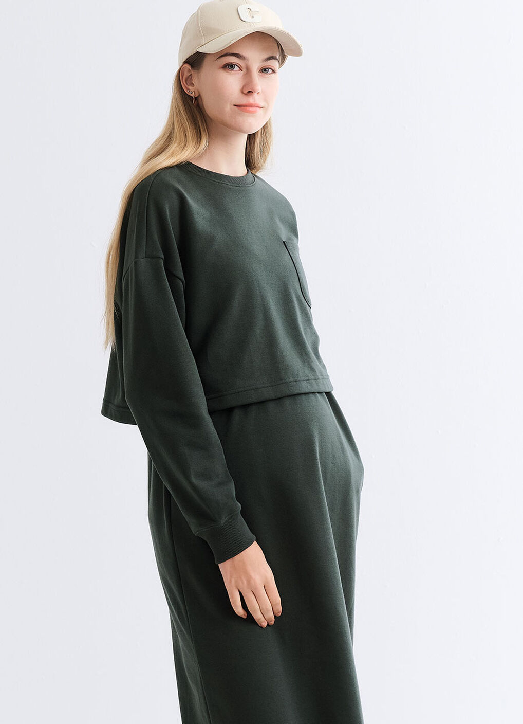 Back Slit Maternity & Nursing Two-Piece Dress, Dark Green, hi-res image number 3