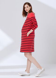 Striped Maternity & Nursing Dress, Red, hi-res