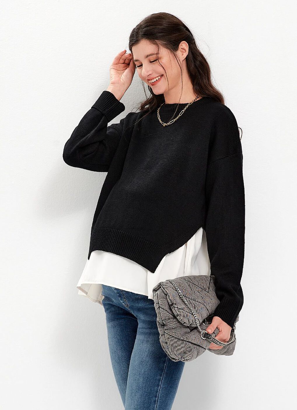 Knitted 2 in 1 Maternity & Nursing Layered Jumper, Black, hi-res image number 4