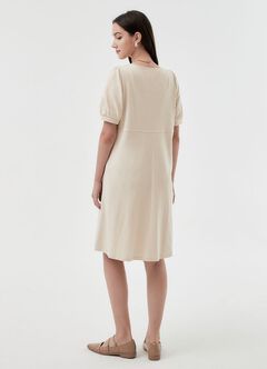 Buttoned Square Neck Maternity & Nursing Short Sleeve Dress, Cream, hi-res