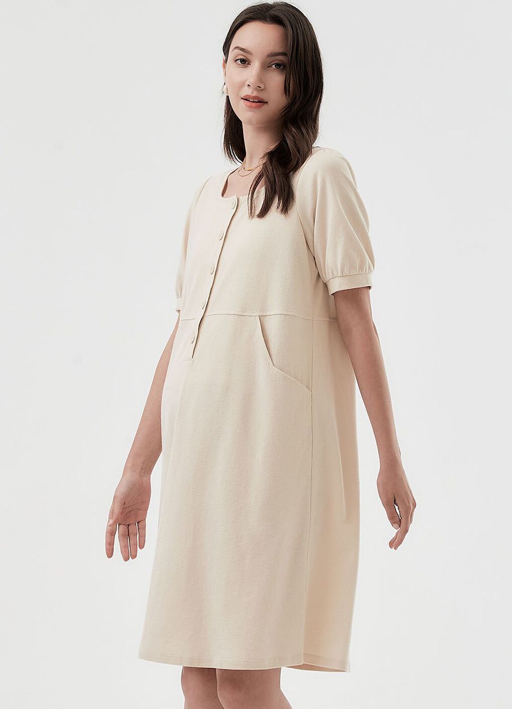 Buttoned Square Neck Maternity & Nursing Short Sleeve Dress, Cream, hi-res image number 2