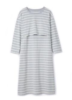 Striped Maternity & Nursing Pyjama Dress, Blue Grey, hi-res