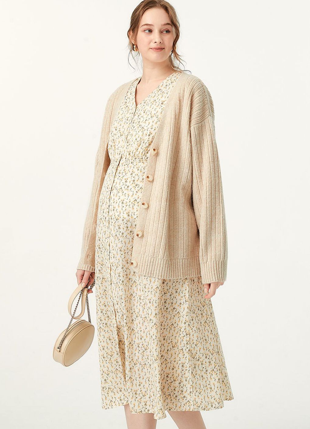 Floral Print V-Neck Maternity & Nursing Dress, Cream, hi-res image number 2