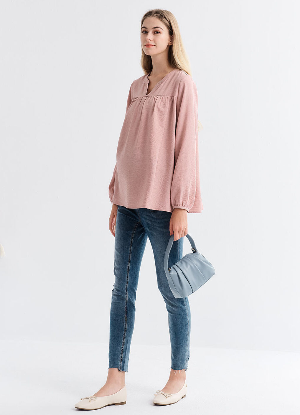 Pleated V-Neck Maternity & Nursing Top, Light Pink, hi-res image number 2