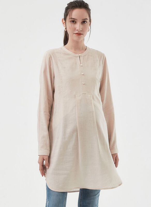 Half Button Round Neck Maternity & Nursing Long Top