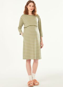 Striped Maternity & Nursing Pyjama Dress, Olive, hi-res