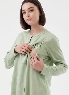 Half Button Round Neck Maternity & Nursing Long Top, Lime, hi-res
