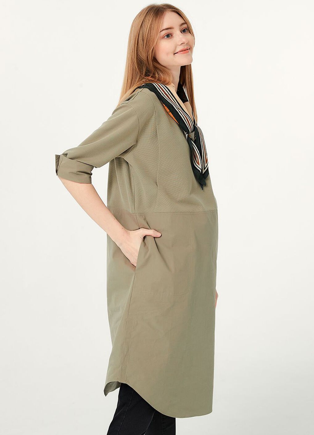 Round Neck Patchwork M&N Dress, Sage Green, hi-res image number 2