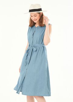 Button-through S/L Maternity & Nursing Dress, Blue, hi-res