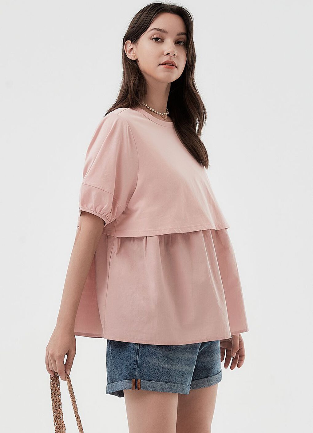 Umbrella Hem Short Sleeve Maternity & Nursing Top, Light Pink, hi-res image number 2