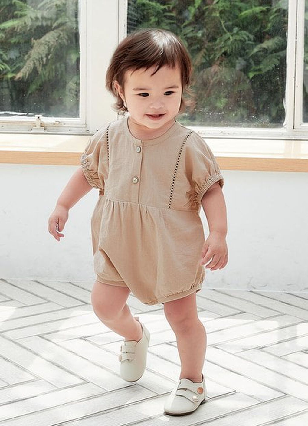 Lace Baby Puff Sleeve Romper, Khaki, hi-res image number 1