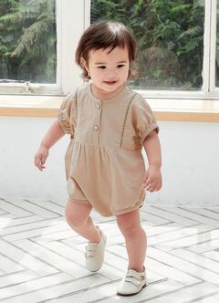 Lace Baby Puff Sleeve Romper, Khaki, hi-res