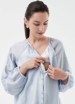 Pleated Round Neck Long Sleeve Maternity & Nursing Blouse, , hi-res