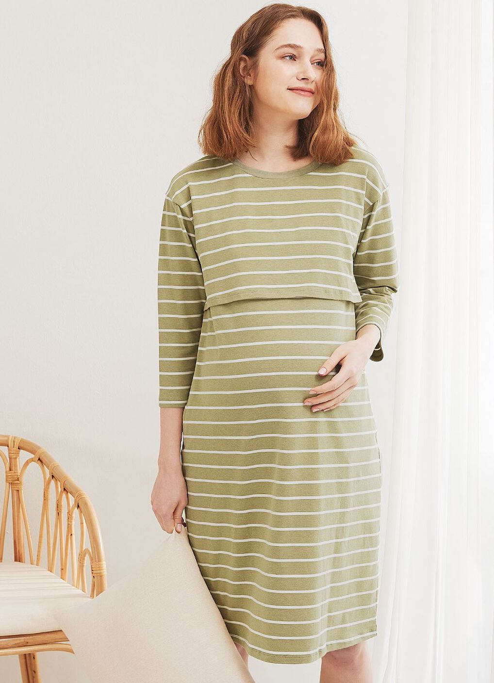 Striped Maternity & Nursing Pyjama Dress, Olive, hi-res image number 0