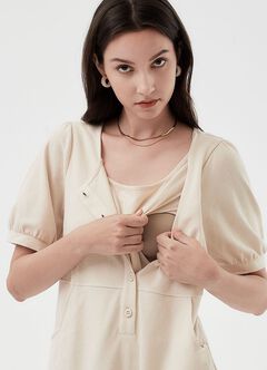 Buttoned Square Neck Maternity & Nursing Short Sleeve Dress, Cream, hi-res