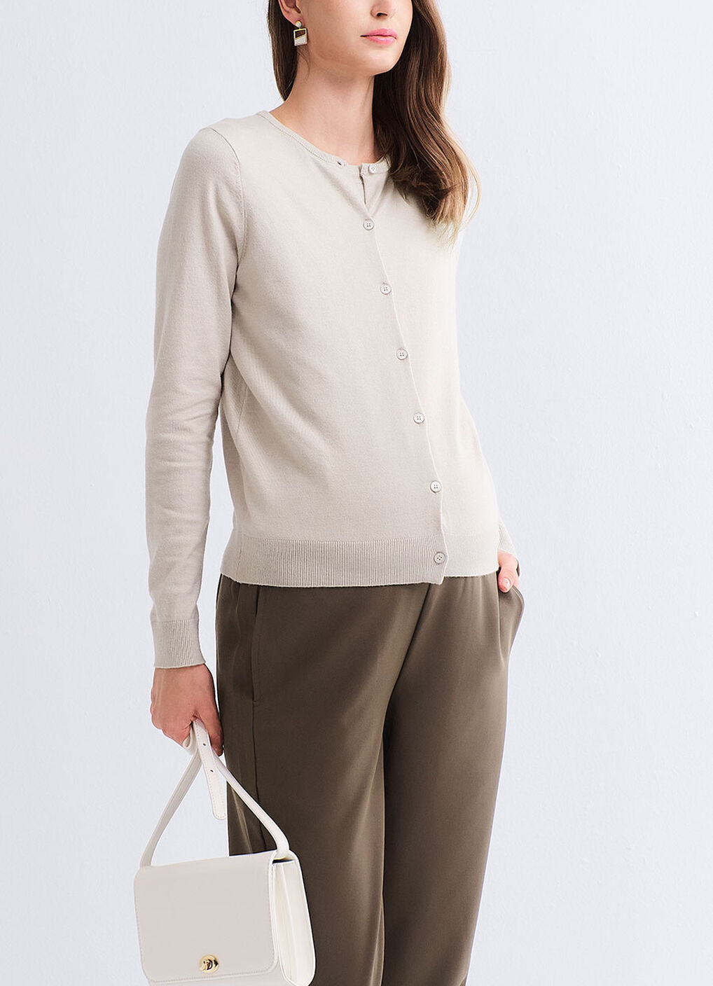 Knitted Crew Neck Maternity & Nursing Cardigan, Cream, hi-res image number 3