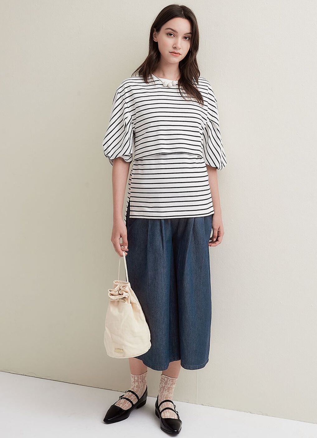 Striped Puff Sleeve Maternity & Nursing Top, White, hi-res image number 3